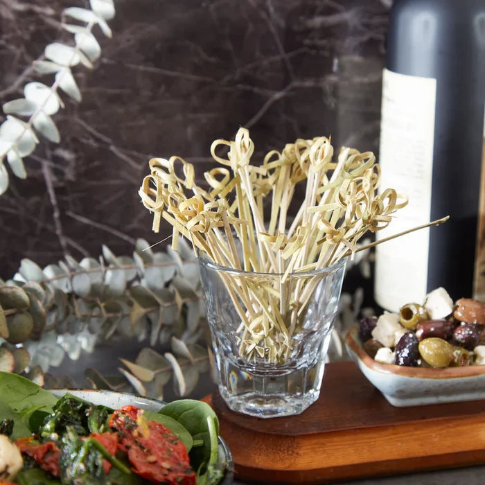 Bamboo knot picks from RSVP International, 4-inch food skewers with a twisted bamboo design for appetizers or garnishes.