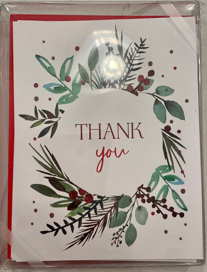 Christmas thank you card featuring festive greens and wreath design by Gina B Designs, on holiday-themed paper goods.