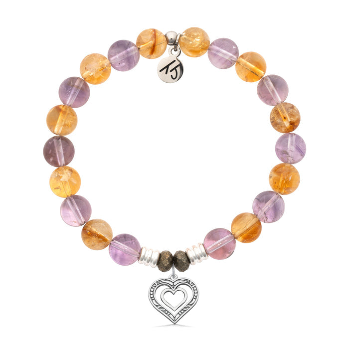 Amethyst Citrine Gemstone Bracelet with Family Heart Cutout Sterling Silver Charm