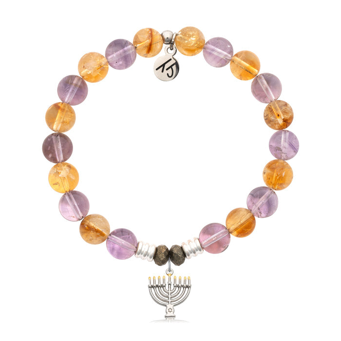 Amethyst Citrine Gemstone Bracelet with Menorah Sterling Silver Charm