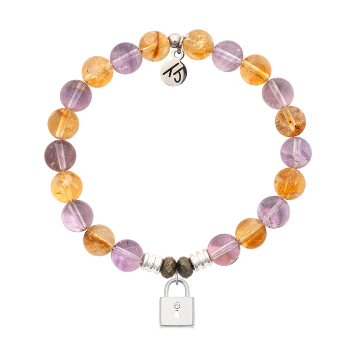 Amethyst Citrine Gemstone Bracelet with Unbreakable Friendship Sterling Silver Charm