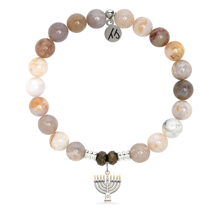 Australian Agate Gemstone Bracelet with Menorah Sterling Silver Charm