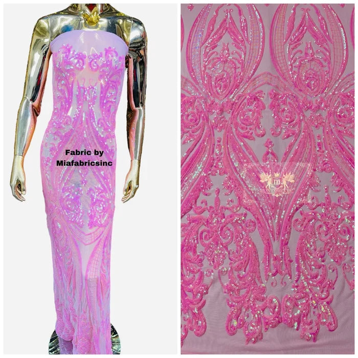 Big Damask Sequins - Candy Pink New - Damask Sequin Design on 4 Way Stretch Fabric By Yard