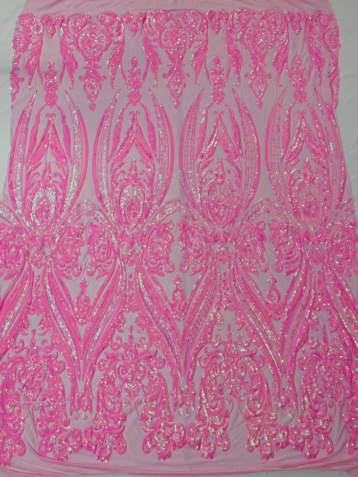 Big Damask Sequins - Candy Pink New - Damask Sequin Design on 4 Way Stretch Fabric By Yard