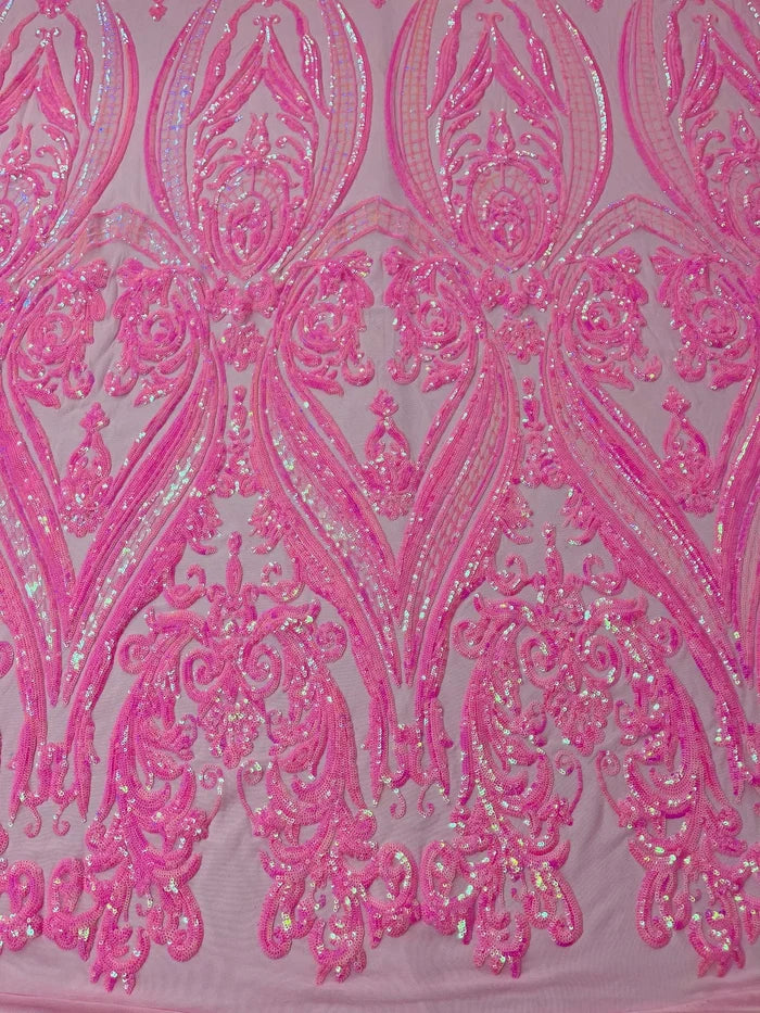 Big Damask Sequins - Candy Pink New - Damask Sequin Design on 4 Way Stretch Fabric By Yard