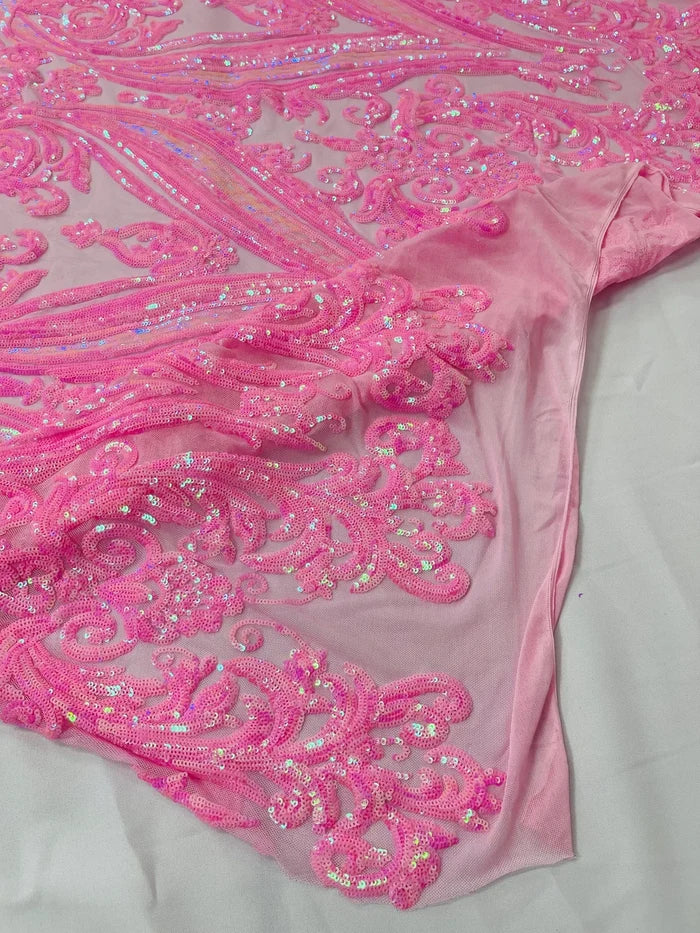 Big Damask Sequins - Candy Pink New - Damask Sequin Design on 4 Way Stretch Fabric By Yard