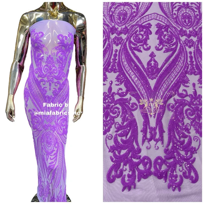 Big Damask Sequins - Grape - Damask Sequin Design on 4 Way Stretch Fabric By Yard