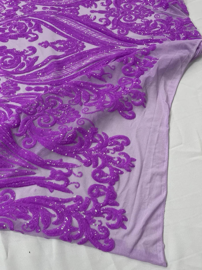 Big Damask Sequins - Grape - Damask Sequin Design on 4 Way Stretch Fabric By Yard