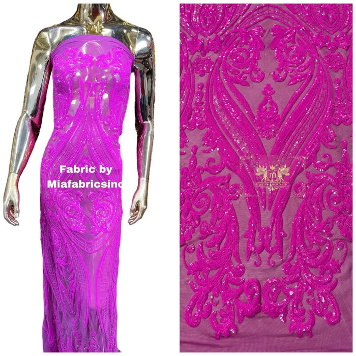 Big Damask Sequins - Magenta - Damask Sequin Design on 4 Way Stretch Fabric By Yard