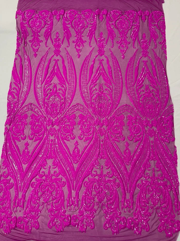Big Damask Sequins - Magenta - Damask Sequin Design on 4 Way Stretch Fabric By Yard