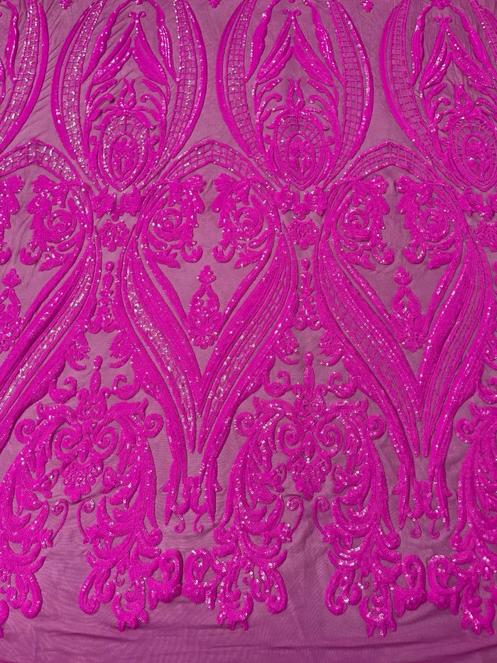 Big Damask Sequins - Magenta - Damask Sequin Design on 4 Way Stretch Fabric By Yard