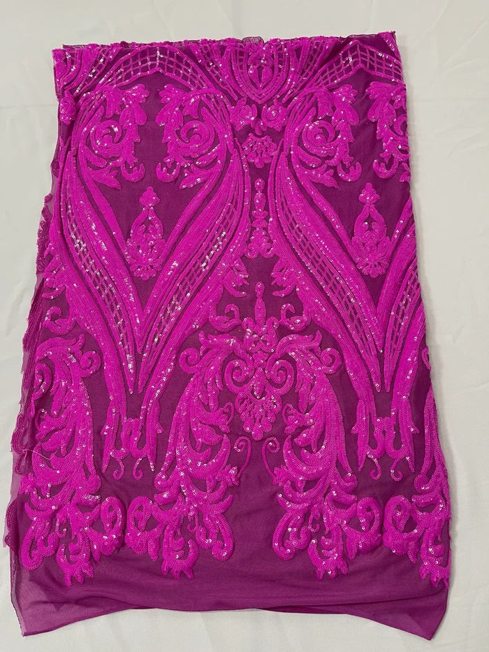 Big Damask Sequins - Magenta - Damask Sequin Design on 4 Way Stretch Fabric By Yard
