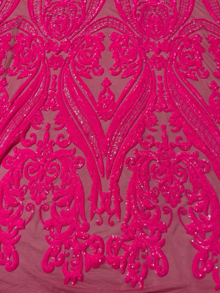 Big Damask Sequins - Neon Pink - Damask Sequin Design on 4 Way Stretch Fabric By Yard