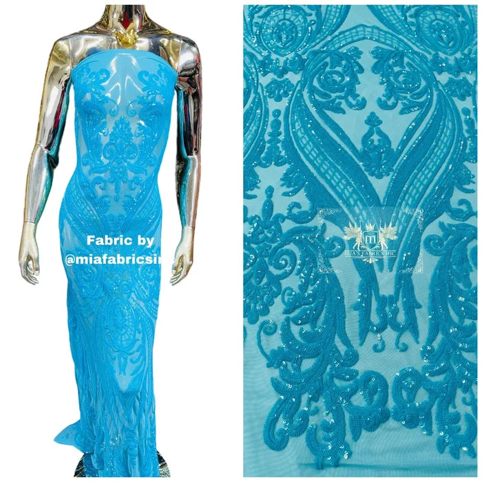 Big Damask Sequins - Turquoise - Damask Sequin Design on 4 Way Stretch Fabric By Yard