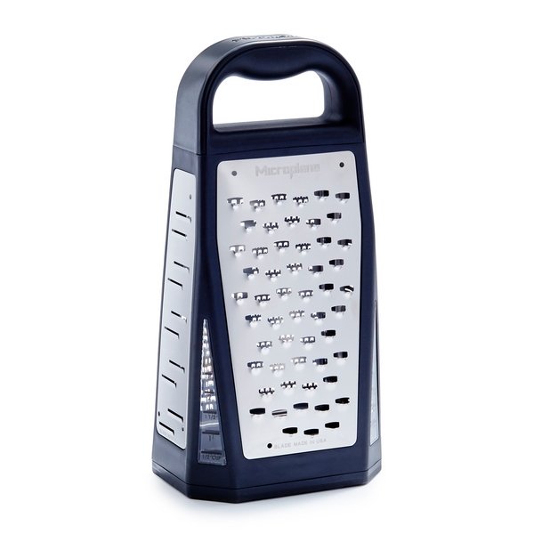Microplane Elite 5 Blade Box Grater with stainless steel blades for zesting, shredding, and grating various foods.