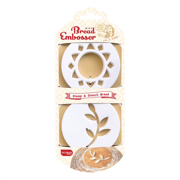 Set of two Harold Imports bread embossers for decorating baked bread with intricate patterns and designs.