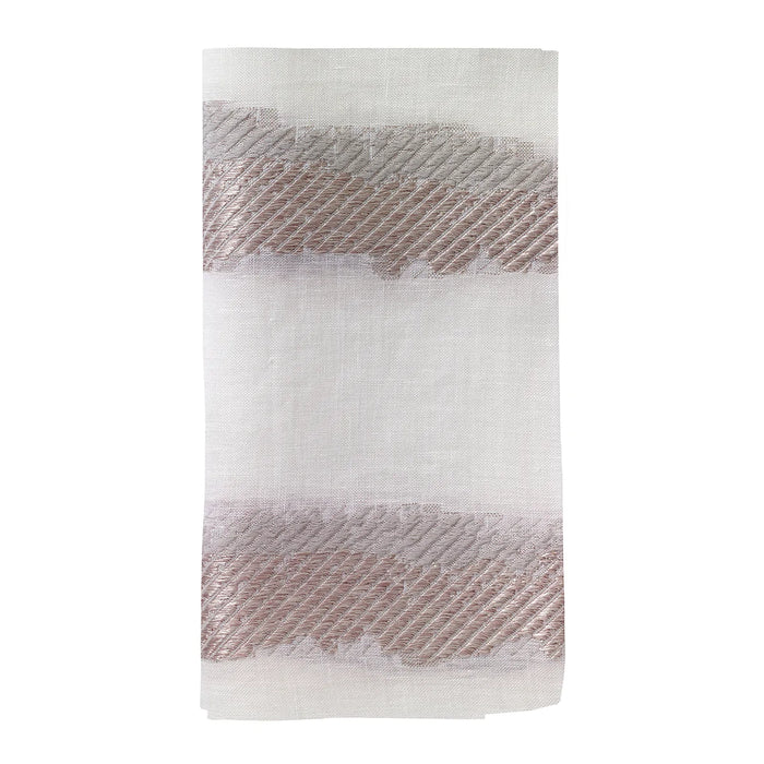 The Bodrum Brushstroke Napkin Silver Set of 4 features contemporary white linen polyester napkins accented with two metallic silver horizontal bands, each adorned with a diagonal line pattern near the top and bottom.