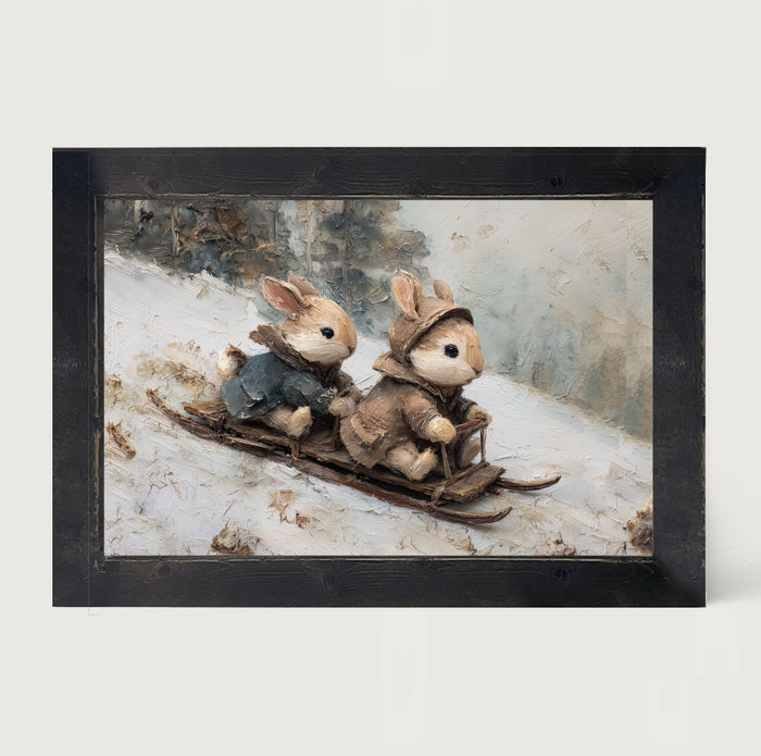 Bunnies Sledding - Framed Art