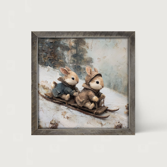 Bunnies Sledding - Framed Art