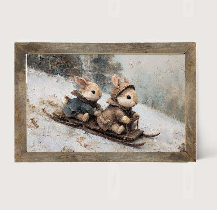 Bunnies Sledding - Framed Art