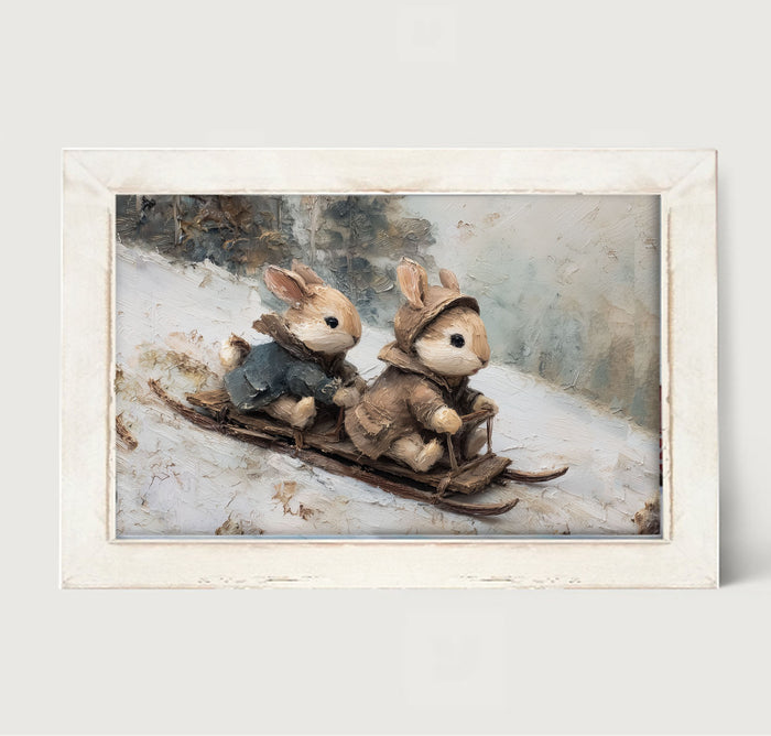 Bunnies Sledding - Framed Art