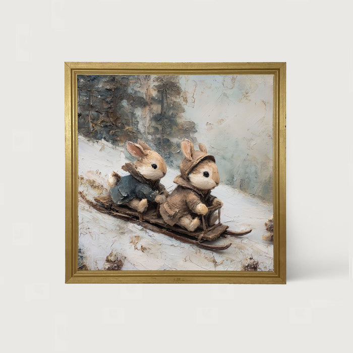 Bunnies Sledding - Framed Art