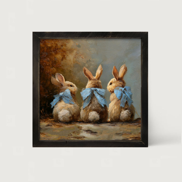 Bunnies with Blue Bows in Autumn - Framed Art