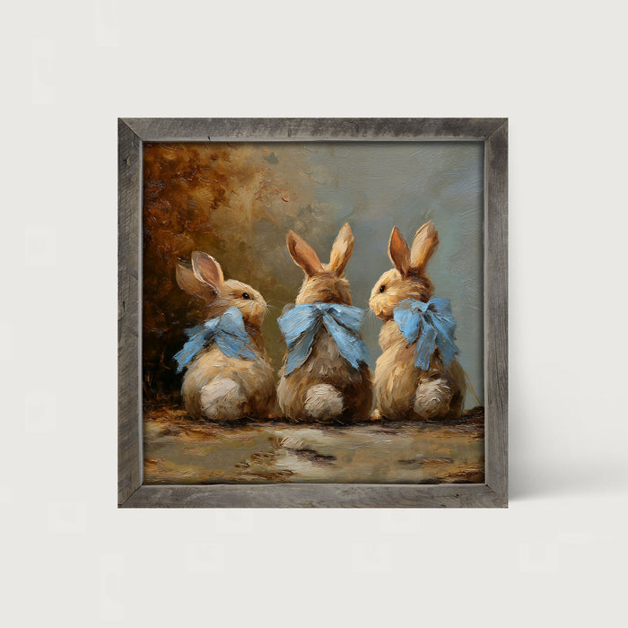 Bunnies with Blue Bows in Autumn - Framed Art