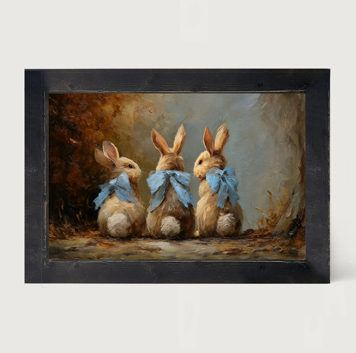 Bunnies with Blue Bows in Autumn - Framed Art