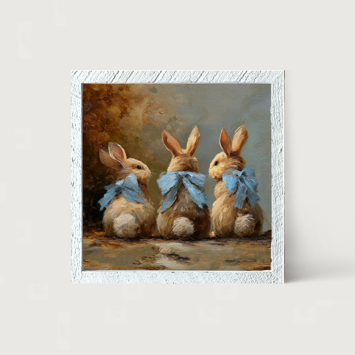 Bunnies with Blue Bows in Autumn - Framed Art