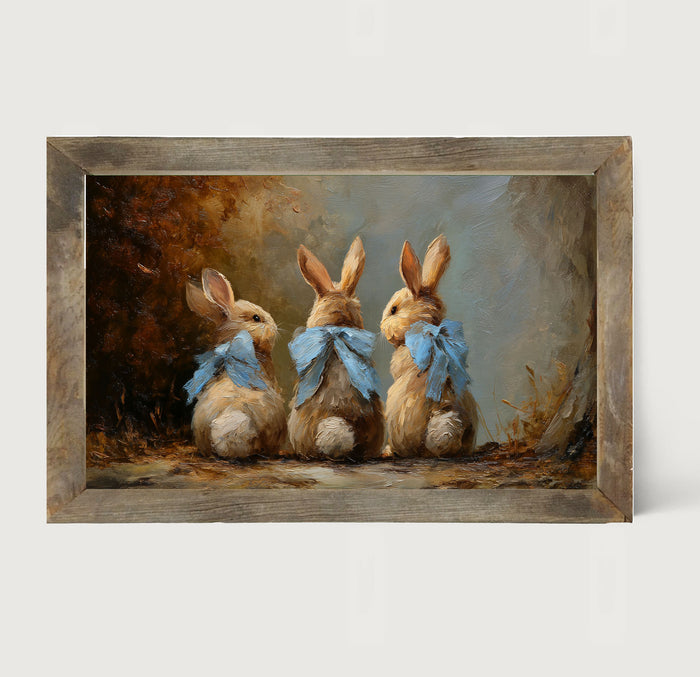 Bunnies with Blue Bows in Autumn - Framed Art