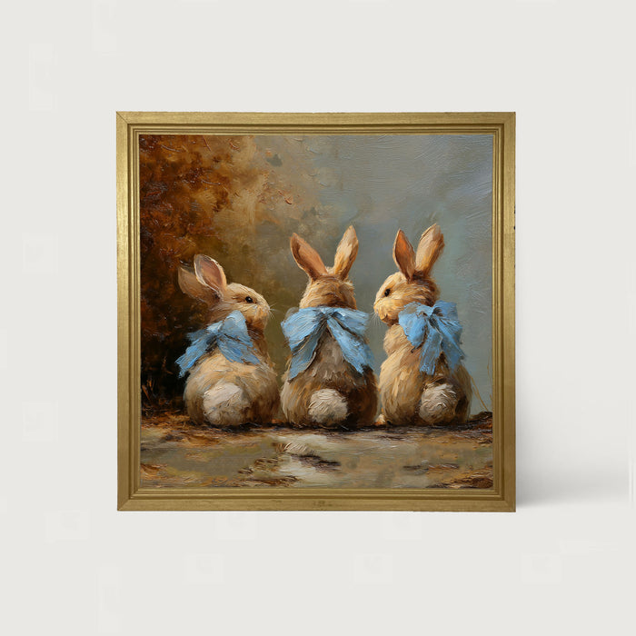 Bunnies with Blue Bows in Autumn - Framed Art