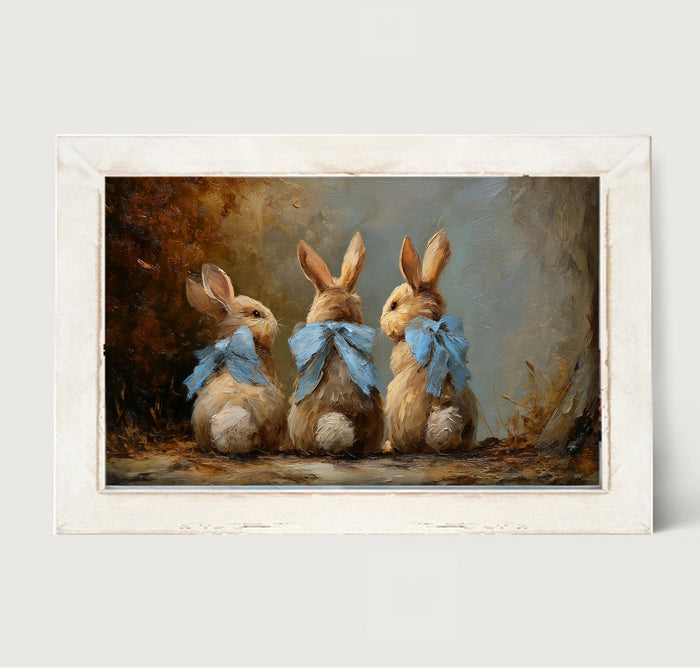 Bunnies with Blue Bows in Autumn - Framed Art