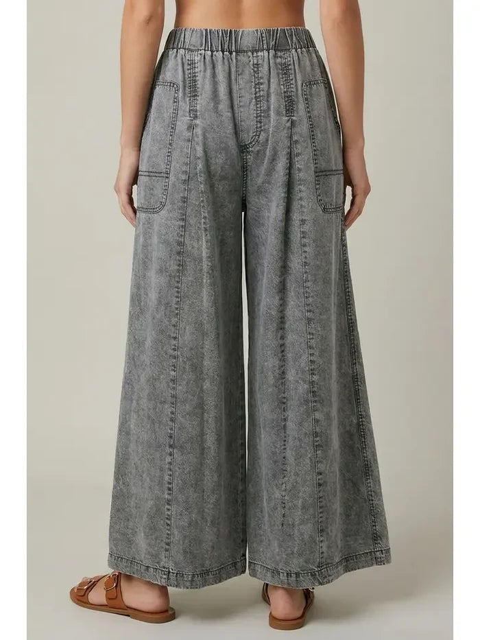 Chambray Elastic Waist Wide Leg Culotes Pants