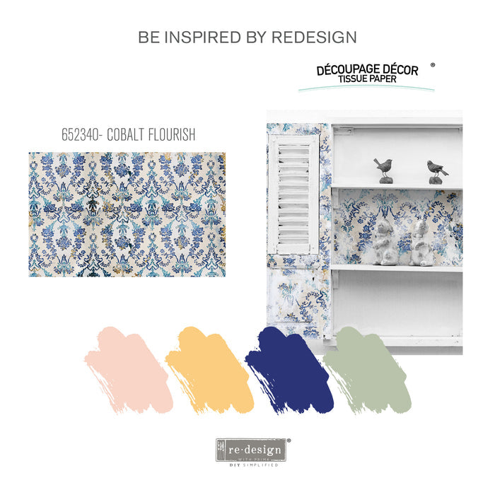 Cobalt Flourish Re-design with Prima Mulberry Tissue Decoupage Paper - Piglet's Closet