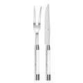 The Capdeco Conty Carne Servers White, crafted in France, include a silver carving fork and knife with glossy white marbled handles and metallic accents, displayed upright side by side on a white background.