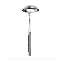 The Capdeco Conty Soup Ladle Grey, made of 18/10 stainless steel, features a deep round bowl and straight handle with a sleek gray and silver design, shown against a white background.