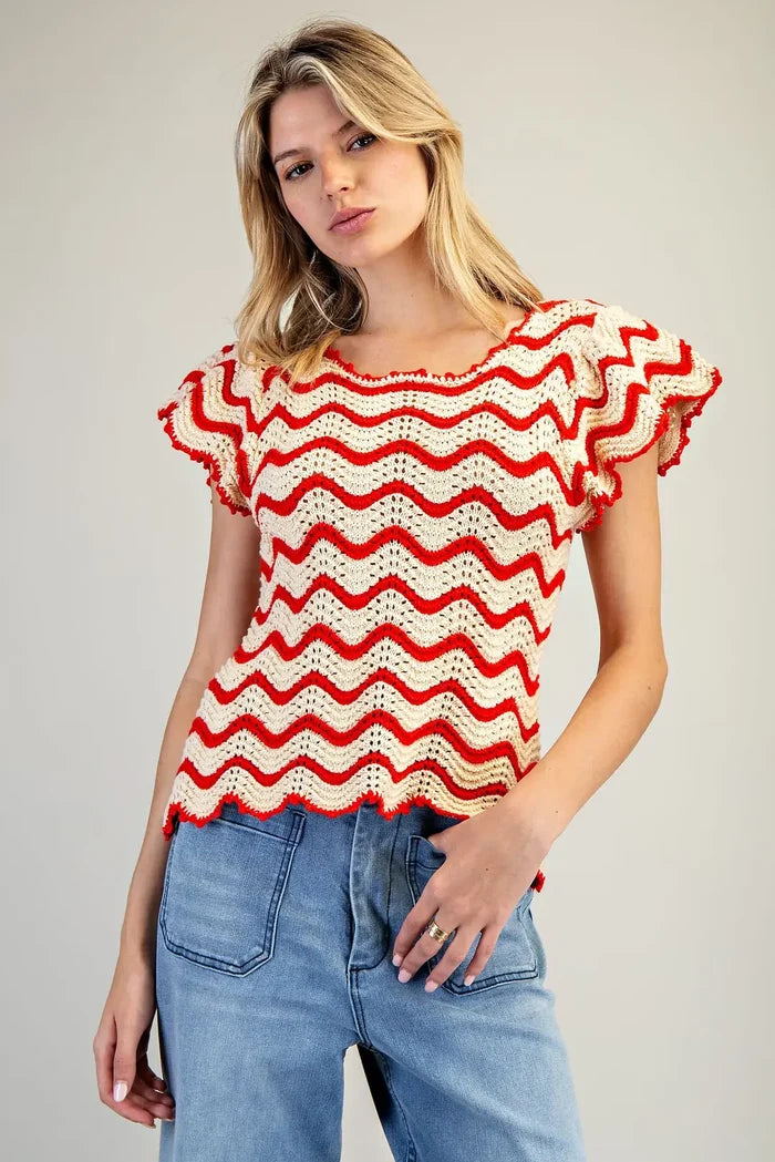 Crochet Knit Flutter Sleeve Sweater