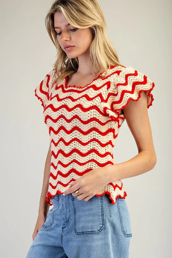 Crochet Knit Flutter Sleeve Sweater