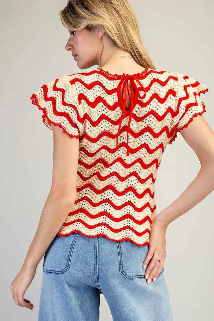 Crochet Knit Flutter Sleeve Sweater