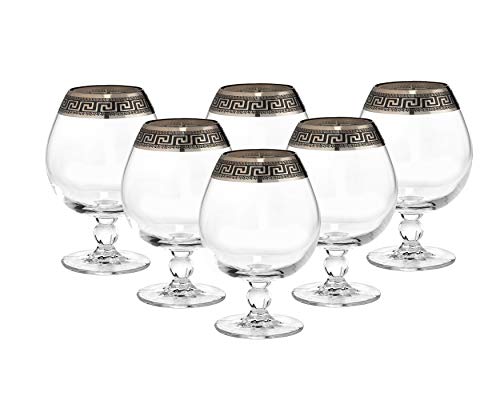 Crystal Cognac Brandy Snifter Goblet, 17 oz. Platinum Greek Key Ornament - EK CHIC HOME