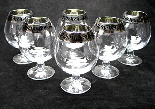 Crystal Cognac Brandy Snifter Goblet, 17 oz. Platinum Greek Key Ornament - EK CHIC HOME