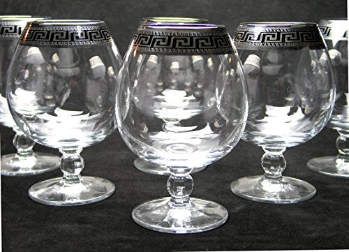 Crystal Cognac Brandy Snifter Goblet, 17 oz. Platinum Greek Key Ornament - EK CHIC HOME
