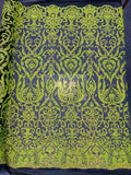 Damask Fancy Pattern Fabric - Lime Green on Black - 4 Way Stretch Sequins Prom Design By Yard