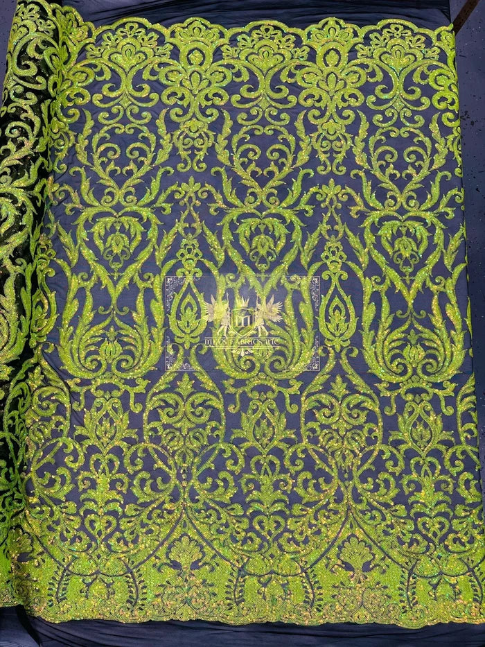 Damask Fancy Pattern Fabric - Lime Green on Black - 4 Way Stretch Sequins Prom Design By Yard