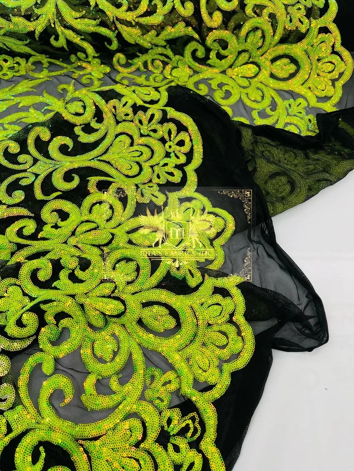 Damask Fancy Pattern Fabric - Lime Green on Black - 4 Way Stretch Sequins Prom Design By Yard