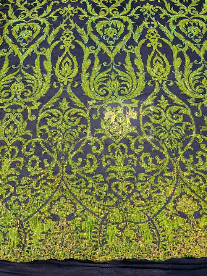 Damask Fancy Pattern Fabric - Lime Green on Black - 4 Way Stretch Sequins Prom Design By Yard