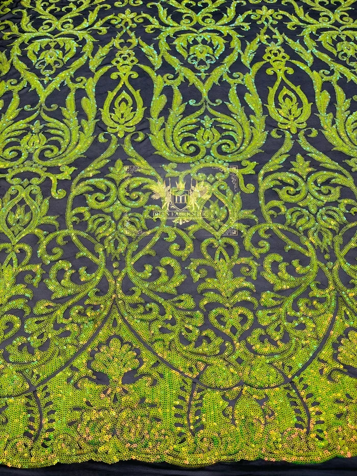 Damask Fancy Pattern Fabric - Lime Green on Black - 4 Way Stretch Sequins Prom Design By Yard