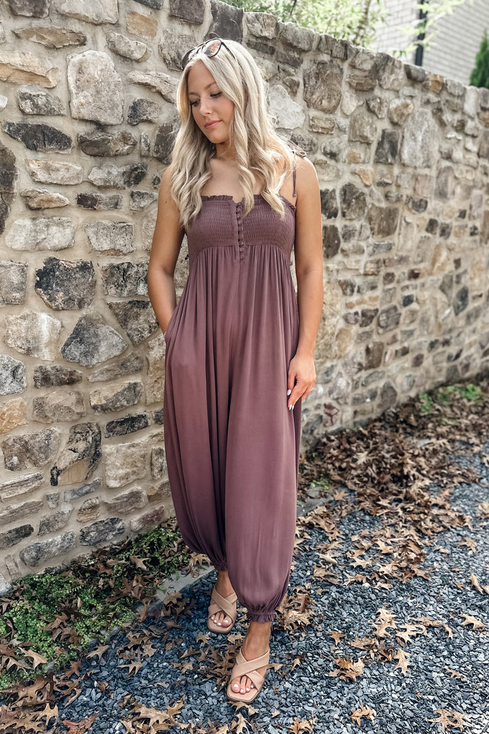 Dorothy Smocked Jumpsuit in Mocha