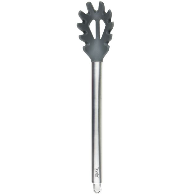 Tovolo Elements stainless steel handled pasta claw in charcoal, ideal for serving and handling cooked pasta.